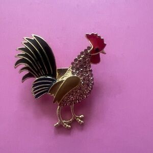 Gold and Pink Rooster Brooch